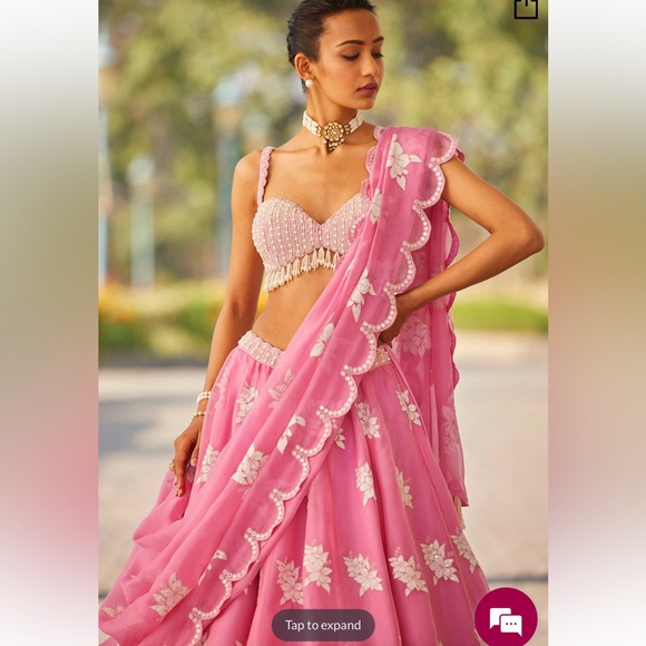 *PRE-SELL* Carnation Pink Patch Embroidered Organza Party Wear Lehenga - Picture 3 of 14